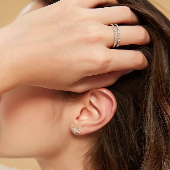 🆕 Women Silver Cubic Zirconia Half Eternity Stackable Engagement Double Ring - Picture 5 of 6